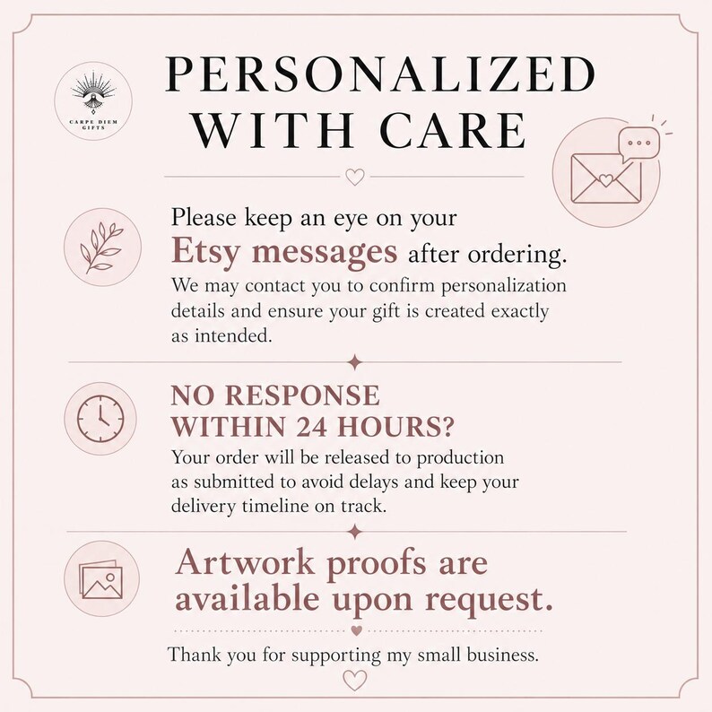 text that provides instructions for handling an order placed on Etsy. It includes information about keeping an eye on the order, confirming personalization details, and ensuring the gift is created exactly as intended. The text also mentions that no response within 24 hours is expected, and that artwork is available upon request. The image does not contain any visual elements, such as images or logos, and does not describe each one individually. It is a single, continuous text block.