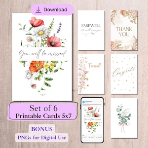 Afdrukbare afscheidskaart, set van 6 bundels van 5 x 7 – inclusief bonusversie voor digitaal gebruik - gefeliciteerd kaart, digitale download, nieuwe baan