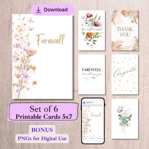 Juego de seis tarjetas de jubilación de 5x7: tarjeta de despedida imprimible. Incluye versión digital adicional. Tarjeta de felicitaciones, descarga digital, nuevo trabajo.