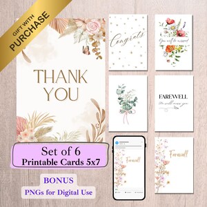 a set of six printable cards with floral designs, along with a smartphone displaying a message. The cards are labeled "Thank You" and " Farewell". The image also includes a "Gift with Purchase" banner and a "BONUS PNGs for Digital Use" text.