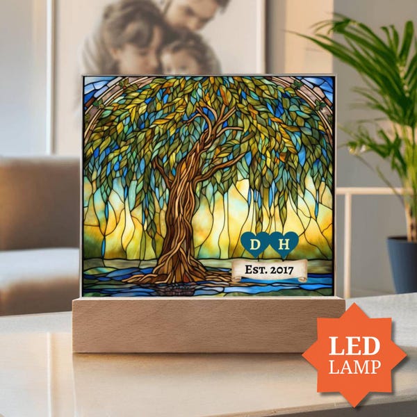 Willow anniversary gifts, 9th wedding anniversary, Faux Stained - Glass Acrylic Plaque LED light, Personalized Anniversary Gift for Couple
