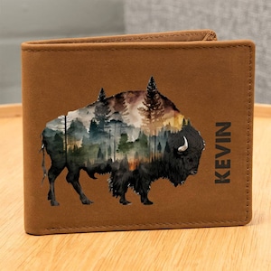 Regalo personalizado de billetera para hombres para él, regalo personalizado de Buffalo Bison para hombres, regalo de cazador de actividades al aire libre para papá