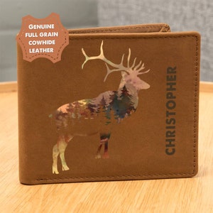 Cartera de cuero personalizada para novio, marido regalo personalizado para hombres, ciervo ciervo cazador de alces, regalo único de animales del bosque para hijo