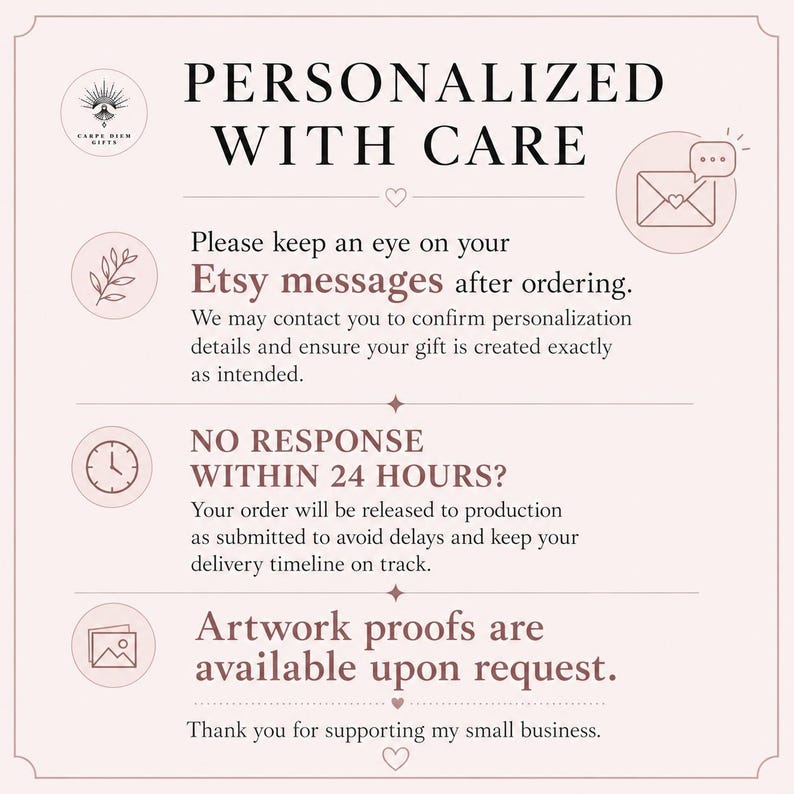 text that provides instructions for handling an order placed on Etsy. It includes information about keeping an eye on the order, confirming personalization details, and ensuring the gift is created exactly as intended. The text also mentions that no response within 24 hours is expected, and that artwork is available upon request. The image does not contain any visual elements, such as images or logos, and does not describe each one individually. It is a single, continuous text block.