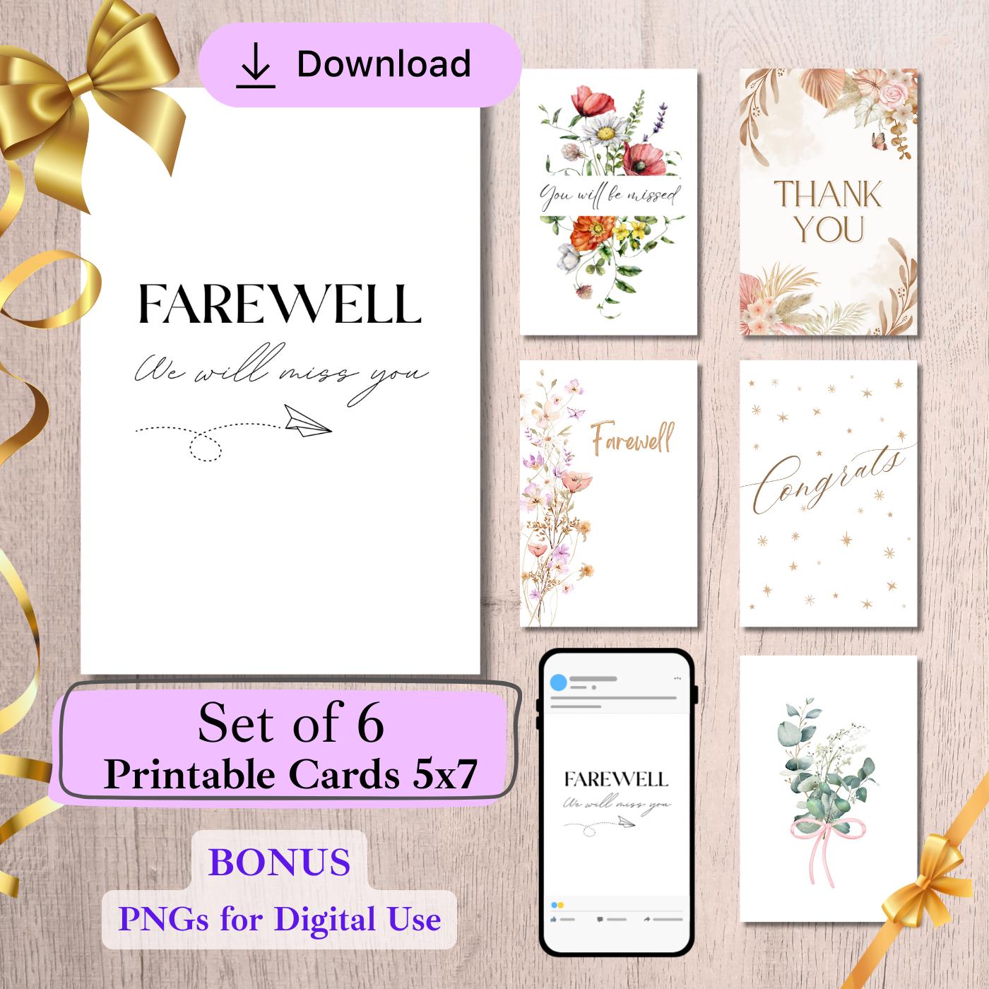 Set of 6 Printable Farewell Retirement Card Bundle 5x7 – Includes Bonus Digital Use Version- Congrats card, digital download, New Job