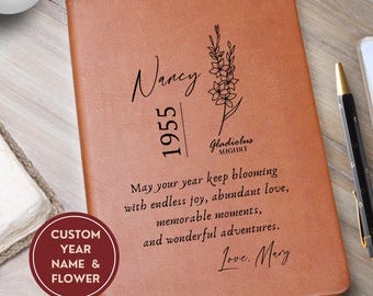 Birthflower Custom Birthday gift for women- 70th Birth Flower Birthday Gift for Friend -Personalized Journal + FREE Printable Cards download
