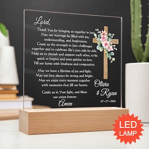 Custom Wedding gift for Bride and Groom - Marriage Prayer Personalized Christian Plaque for Newlyweds,  LED Lamp