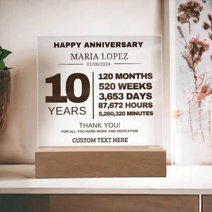Work Anniversary 10 Year Custom Plaque - Employee Recognition Appreciation Gift for Coworker