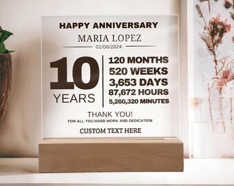 Work Anniversary 10 Year Custom Plaque - Employee Recognition Appreciation Gift for Coworker