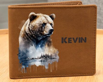 Grizzly Bear Custom Mens Wallet Gift for Him, Personalized Leather Wallet Papa Bear Fathers Day gIft, Step Dad Birthday Present
