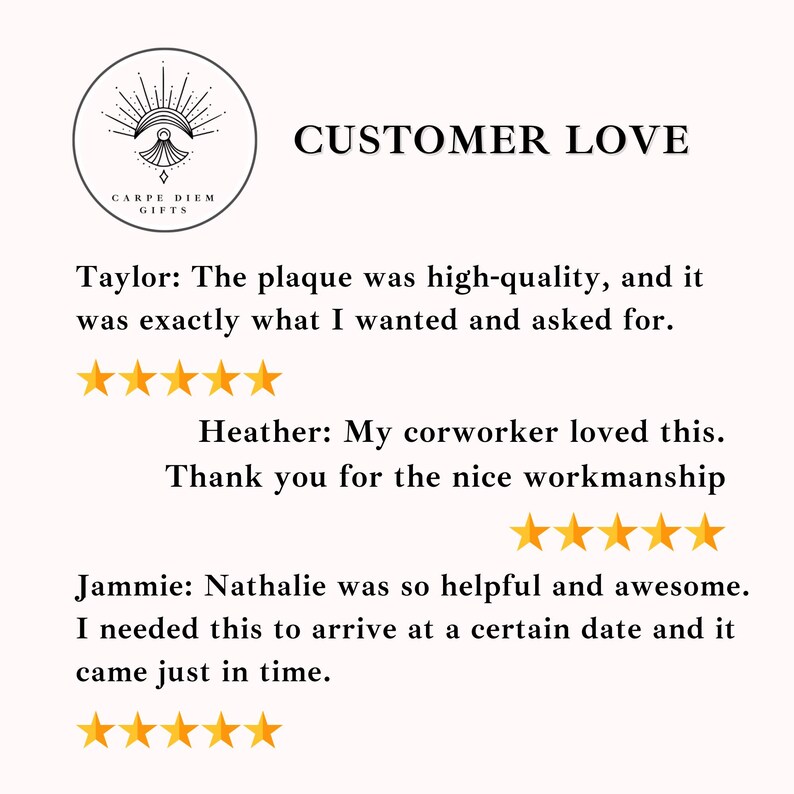 text and five stars, with the text being a customer review. The review expresses appreciation for the quality of the plaque, the helpfulness of the coworker, and the timely arrival of the coworker. The image does not contain any text that is too long or repetitive, and it does not describe each individual element of the image.