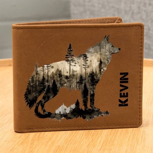 Billetera personalizada para hombre, regalo personalizado de lobo para hombre, regalo de cazador al aire libre y salvaje para papá