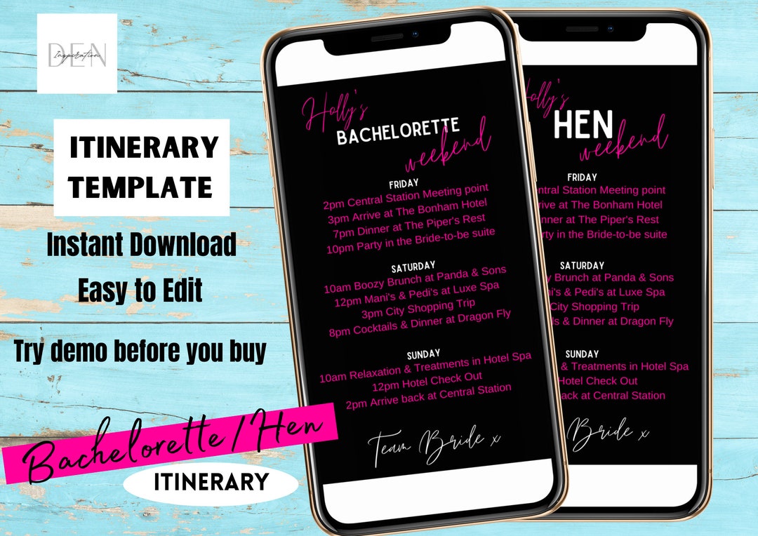 Bachelorette Itinerary Digital Template, Hen Weekend Itinerary.