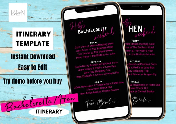 Bachelorette Itinerary Digital Template, Hen Weekend Itinerary.