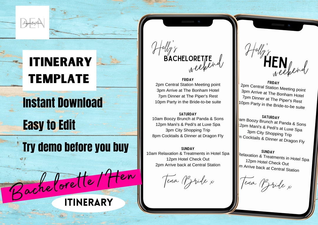 Bachelorette Itinerary Digital Template Hen Weekend Itinerary - Etsy