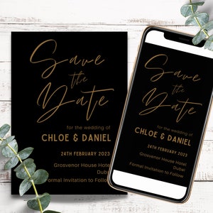 Save the Date Digital Invite Black and Gold, Save The Date Template, Save Date Black Invitation, Wedding Invite Digital, Wedding Save Date