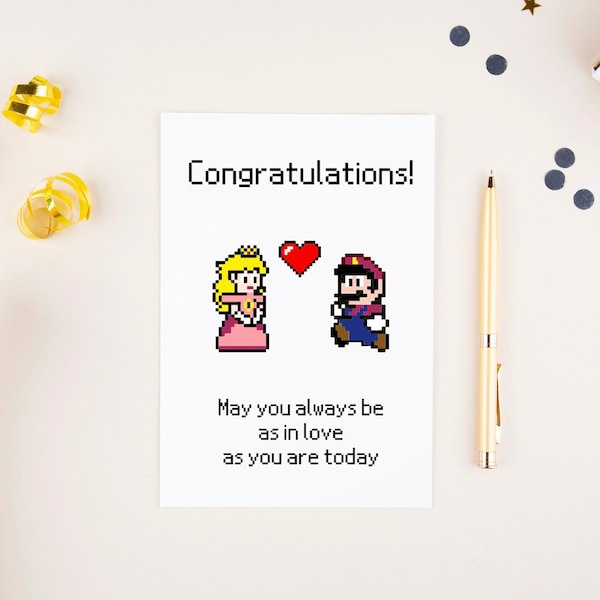 Wedding Congrats Greeting Card | Super Mario and Peach | Nerdy Gaming Wedding Card | ~5x7"