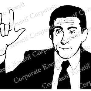 Puede incluir: Una ilustración en blanco y negro de un hombre haciendo el signo de 'te amo' con la mano. Lleva un traje y una corbata.