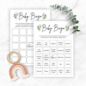 Babyparty Bingo Karten | Minimalistisches Babyparty Bingo | Boho Babyparty | Eukalyptus | Babyparty Spiele | 30 fertig gefüllte Karten