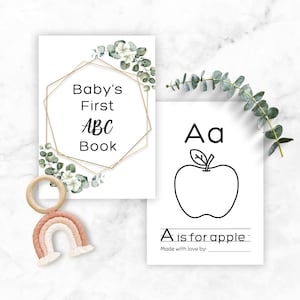 Primer libro ABC del bebé / Libro para colorear ABC / Libro ABC imprimible / Libro de visitas de baby shower / Juegos de baby shower / Ideas de baby shower / Eucalipto
