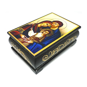 Scatola laccata con immagine icona Sacra Famiglia Bizantina, cm 9x6x3,5h