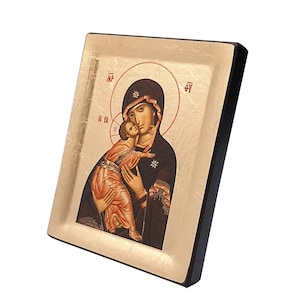 Religious articles, sacred icon Madonna with Child, wood with gold background 9x13 cm