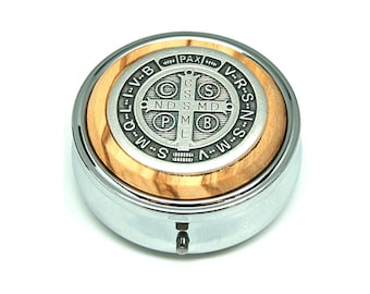 Rosary box 6 cm with real olive tree insert, Saint Benedict Cross plaque