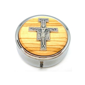 Rosary box 6 cm with olive wood insert and San Damiano Cross plaque