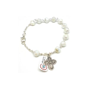 Borealised crystal rosary bracelet, 8 mm with milky white cups with cross