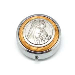 Rosary box 6 cm with real olive wood insert, Madonna and Child plaque.