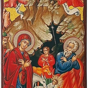 Sacred icon Nativity canvas on wood cm 23