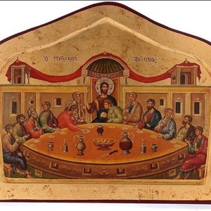 Holy Last Supper wooden icon, gold background 14x18 cm