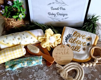Baby Hooded Towel, Burp Cloth, Brush Comb, Onsie Newborn Essential Gift Box Set