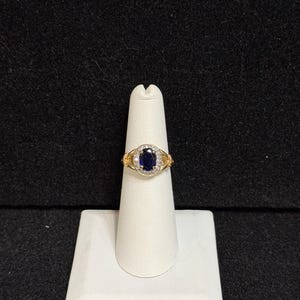 Vintage 10K Yellow Gold Synthetic Sapphire and .2 Carat Diamond Size 5 3/4 Ring