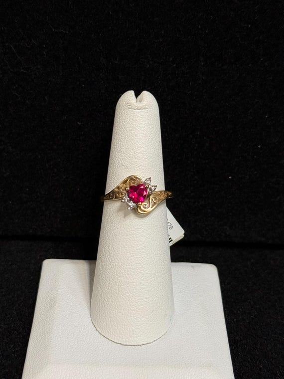 Vintage 10K Yellow Gold Synthetic Ruby and Diamon… - image 1