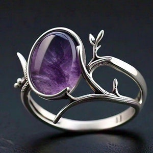 Antique Amethyst Silver Nature Olive Tree Branch Leaf Ring, Sterling Silver Waterproof Forest Nature Inspired Birthstone Custom Crystal Ring