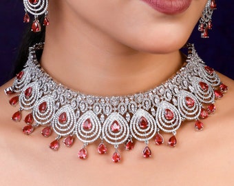 Indian Diamond Choker Rose Quartz Necklace Opal Necklace Silver Sabyasachi Jewelry Indian CZ Ruby Necklace Indian Bridal Silver Jewelry