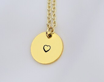 Gold stamped round heart necklace, circle heart necklace, Gold necklace, Mothers day gift, gift for her, Birthday gift, Christmas gift