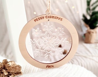 Ornement de Noël avec inscription et suspension flocon de neige acrylique | Noël personnalisé pour pendentif arbre | Cadeau d'hiver souvenir avec nom