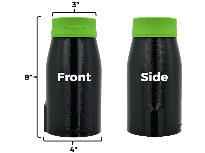May include: Black bottle with a green lid and the text "blowerband" on the lid. The bottle is 8 inches tall, 4 inches wide, and 3 inches in diameter. The bottle is labeled "Front" and "Side".