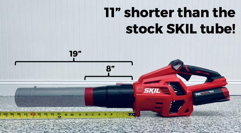 May include: A red and black cordless leaf blower with a 19-inch long tube and an 8-inch long handle. The leaf blower is labeled "SKIL" and is 11 inches shorter than the stock SKIL tube.