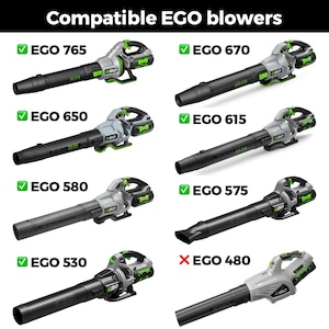 May include: A comparison chart of different EGO leaf blowers. The blowers are all gray and black with green accents. The blowers are labeled with their model numbers: EGO 765, EGO 670, EGO 650, EGO 615, EGO 580, EGO 575, EGO 530, and EGO 480. The EGO 480 blower is marked with an X, indicating that it is not compatible.