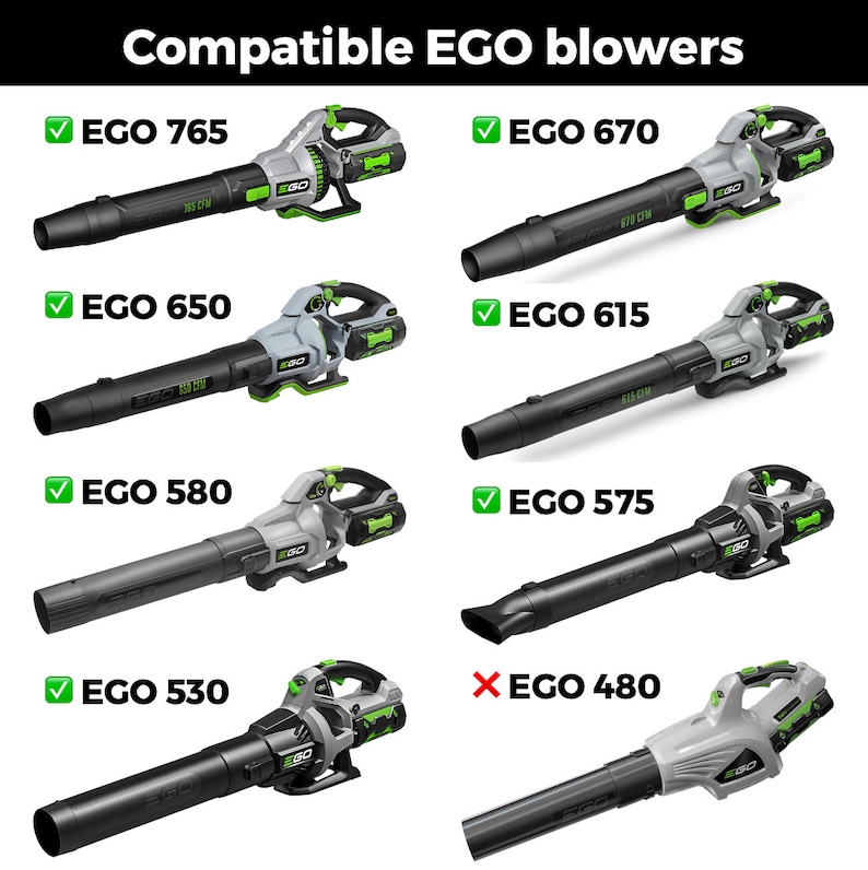 May include: A comparison chart of different EGO leaf blowers. The blowers are all gray and black with green accents. The blowers are labeled with their model numbers: EGO 765, EGO 670, EGO 650, EGO 615, EGO 580, EGO 575, EGO 530, and EGO 480. The EGO 480 blower is marked with an X, indicating that it is not compatible.