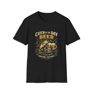 Catch of the Day Beer T-Shirt | Fishing Bass with Beer Mugs, Retro Outdoors Design