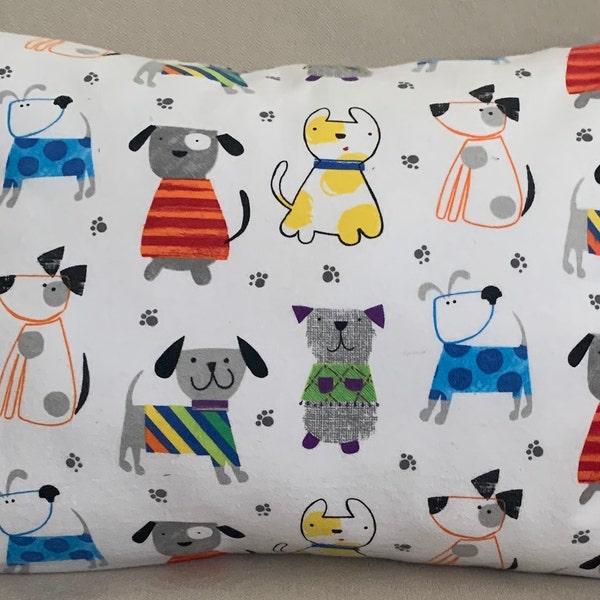 Colorful Dogs FLANNEL TODDLER Pillowcase measuring 18" x 13"
