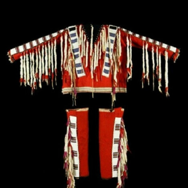 Old 1800 Style Beaded Fringe Red Buckskin Hide Powwow War Shirt Leggings NSL403