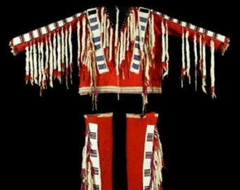 Old 1800 Style Beaded Fringe Red Buckskin Hide Powwow War Shirt Leggings NSL403