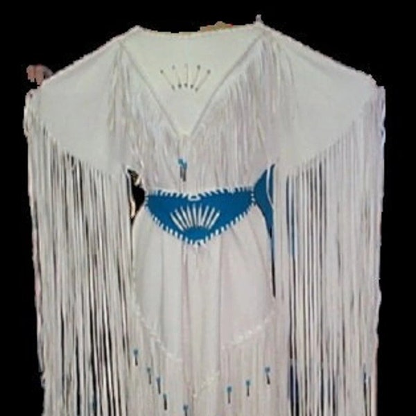 Women's Handmade White Leather Long Fringes Blue Belt Wedding Dress Powwow Regalia