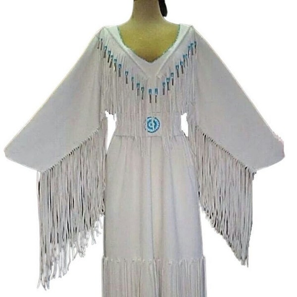 Native American Handmade White Leather Long Fringes Wedding Dress Beaded Belt Powwow Regalia for Women
