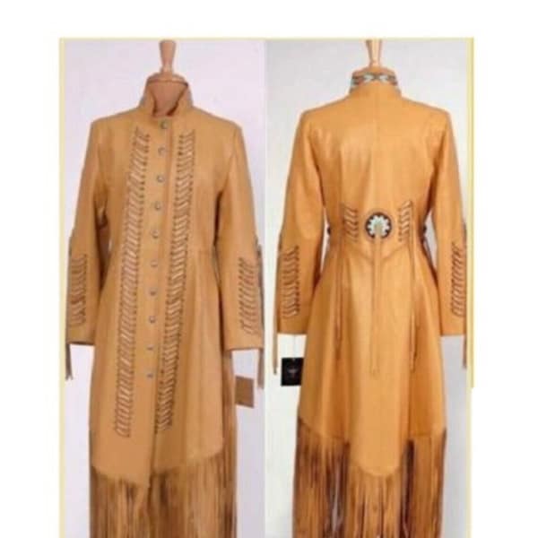 Women's Tan Leather Beaded Fringes Long Wedding Dress Powwow Regalia